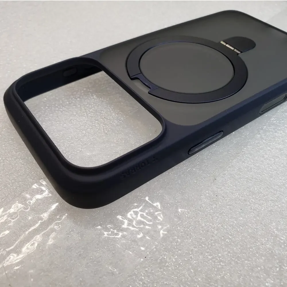 TORRAS Magnetic Stand Case for iPhone 17 Pro – Navy Blue / Matte Frosted Clear